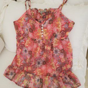 American Rag Baby Doll Halter Top Large Pink Floral Ruffle Spaghetti Straps L